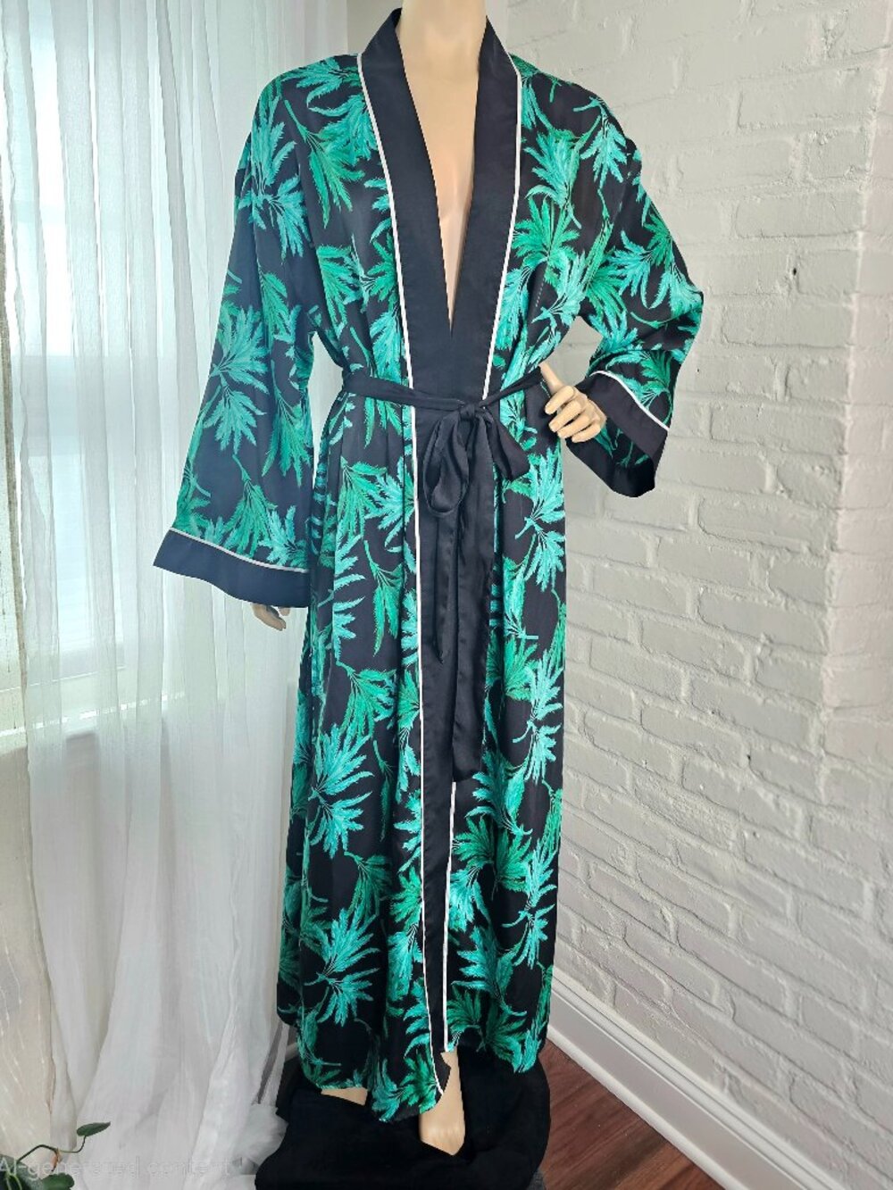 FeNoel x Target Palm Print Kimono Robe Size L Black Green Belted Duster Coverup